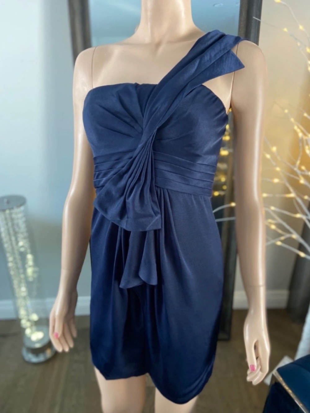NWT: BCBG Max Azria Navy Blue Matte Jersey Pleated One-Shoulder Ruched Dress 4